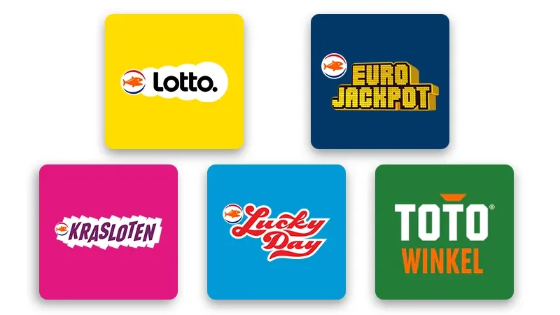 Logo's van verschillende loterijen waaronder Lotto, Eurojackpot, Krasloten, Lucky Day en Toto Winkel.