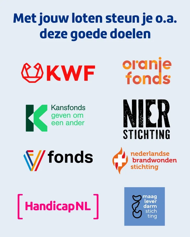 Logo's van goede doelen zoals KWF, Oranje Fonds, en HandicapNL met de tekst 'Met jouw loten steun je o.a. deze goede doelen'.