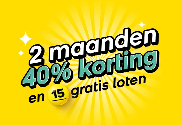 Aanbieding met 40% korting en 15 gratis loten op een gele achtergrond.
