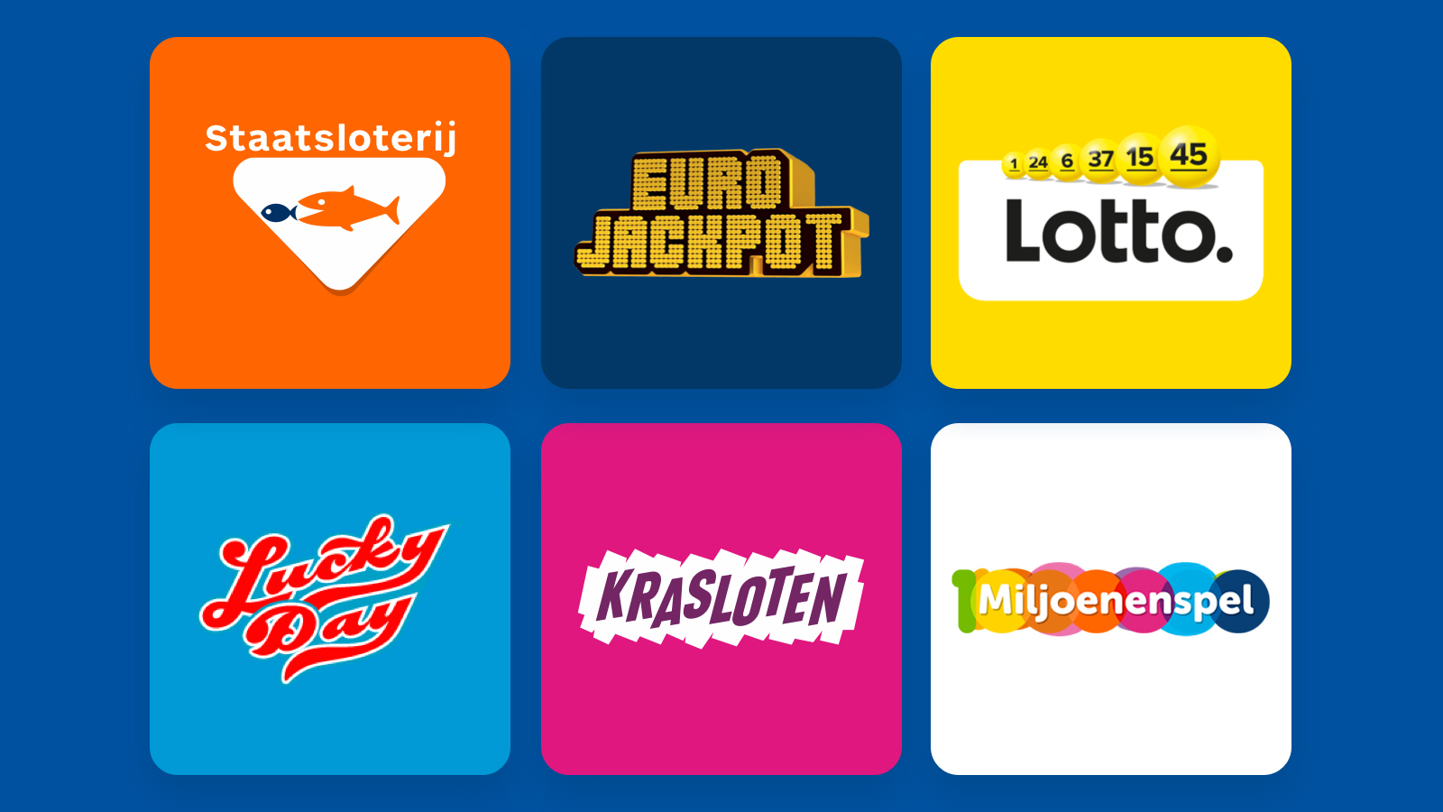 Logo's Nederlandse Loterij spelmerken: Staatsloterij, Eurojackpot, Lotto, Lucky Day, Krasloten, Miljoenenspel