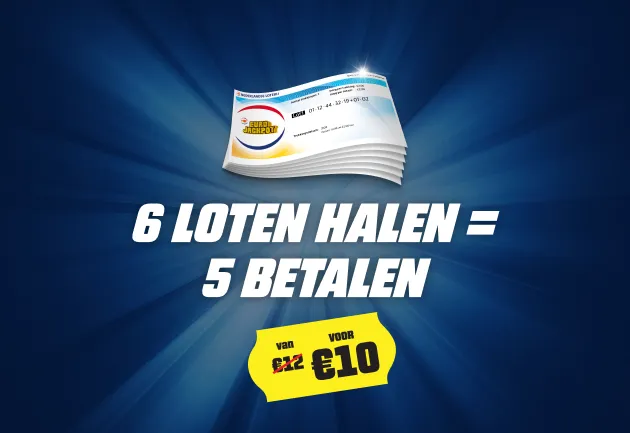 Aanbieding voor loten: 6 loten halen voor 5 betalen, van 12 euro voor 10 euro.
