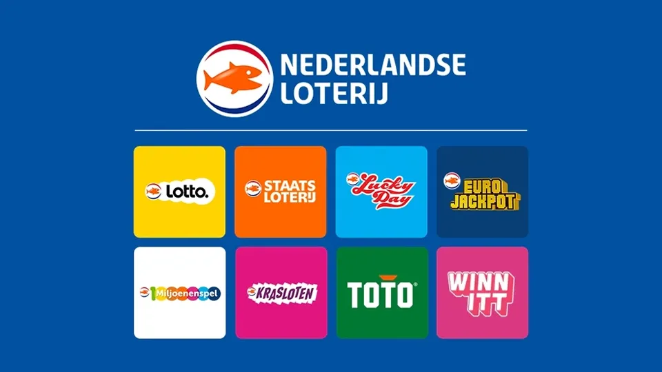 Logo's van Nederlandse Loterij spellen op een blauwe achtergrond.