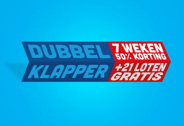 Advertentie voor 'Dubbel Klapper' met 50% korting en 21 gratis loten voor 7 weken.