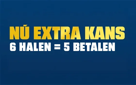 Advertentie met tekst: 'NU EXTRA KANS 6 HALEN = 5 BETALEN' op een blauwe achtergrond.