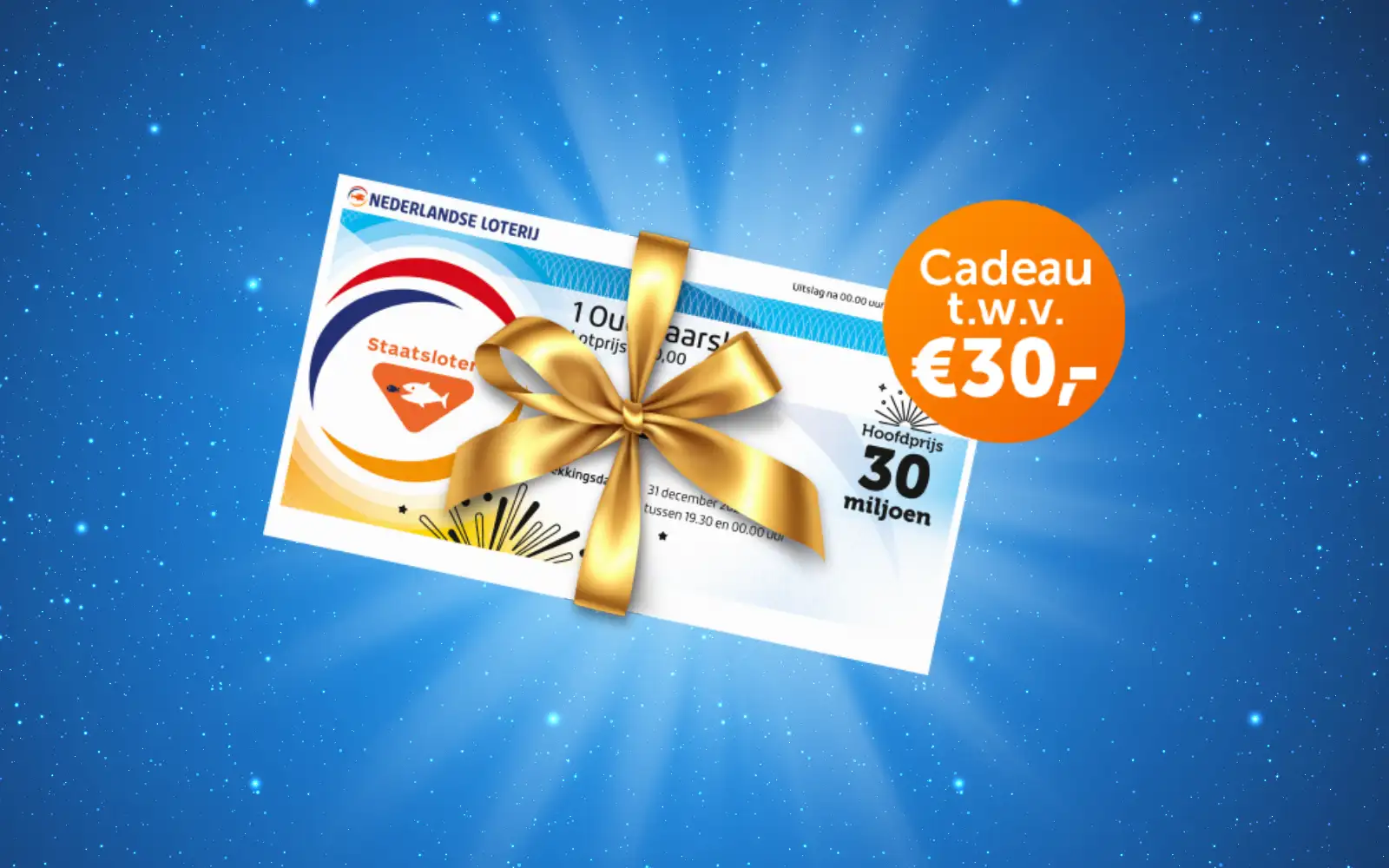 Cadeaubon van de Nederlandse Loterij ter waarde van €30,- met een gouden strik op een sterrenachtergrond.